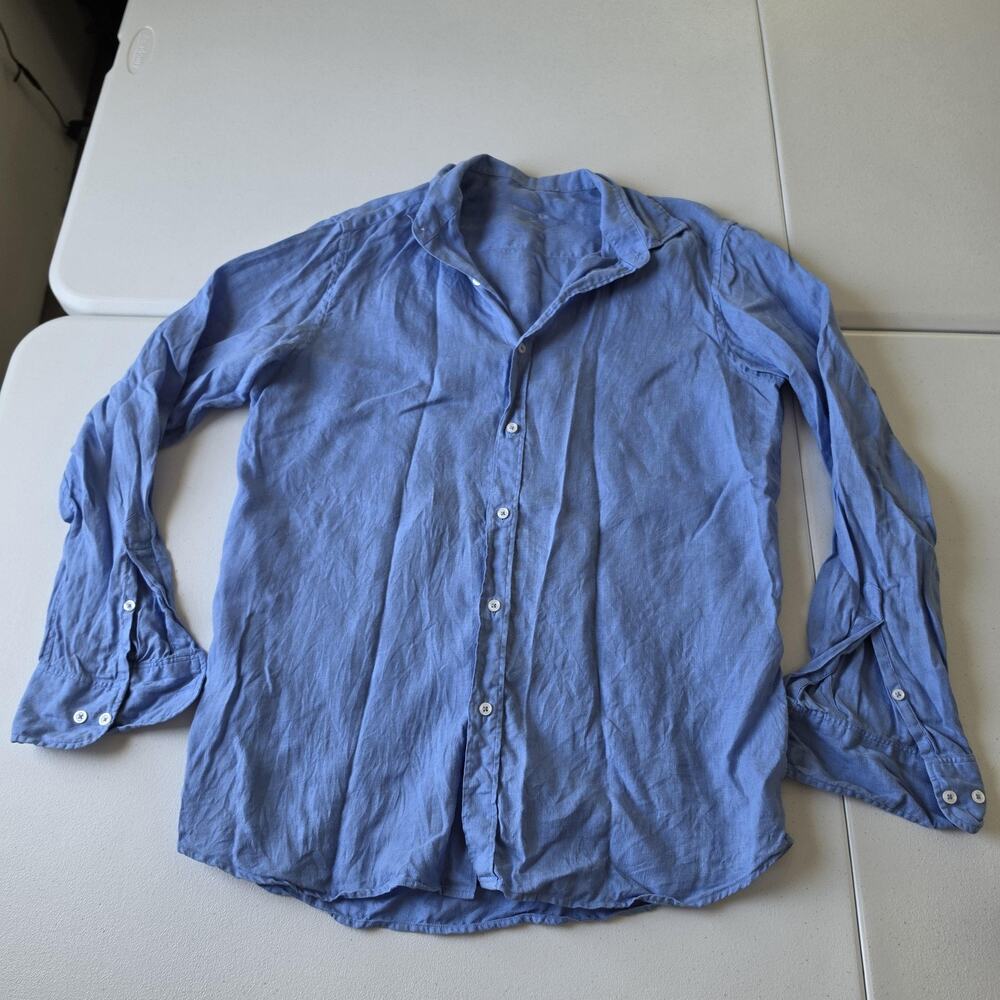 Massimo Dutti Shirt Mens Medium Blue Linen Long Sleeve Button Up Casual